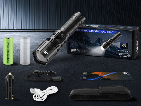 Rechargeable flashlight kit including black flashlight, battery, charging cable, and accessories. Packaging visible with product details.
