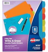 Avery Big Tab Write & Erase Durable Plastic Dividers for 3 Ring Binders, 8-Tab Set, Bright Multic...