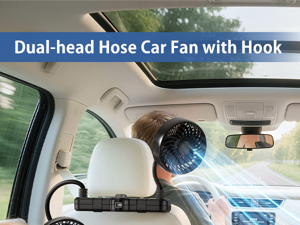 xuenair 3000mAh Dual 360 Hose Rechargeable Fan for Car SUV RV Pickup Vehicle Headrest