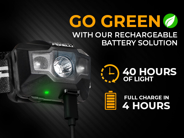 Go green with our rechargeable battery solution. Full charge in 4 hours. 40 hours of light.