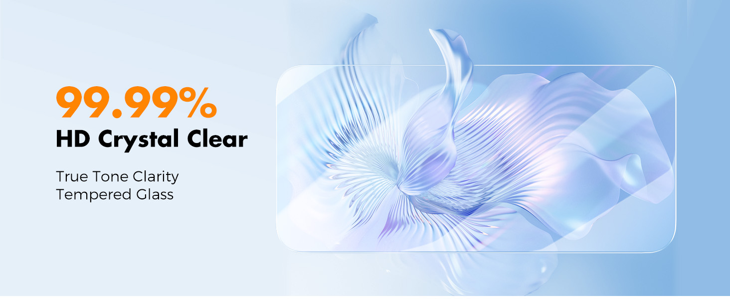 Advertisement for HD Crystal Clear tempered glass, featuring 99.99% clarity. Abstract blue and white crystalline shapes in background.