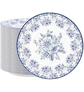 peony man 50 PCS Blue Floral Paper Plates Blue and White Flower Disposable Plates 9 Inch Large Di...