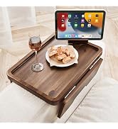 HOLANA 15.75" Acacia Couch Armrest Table - Wood Couch Arm Tray with Phone Holder – Sofa Side Tabl...