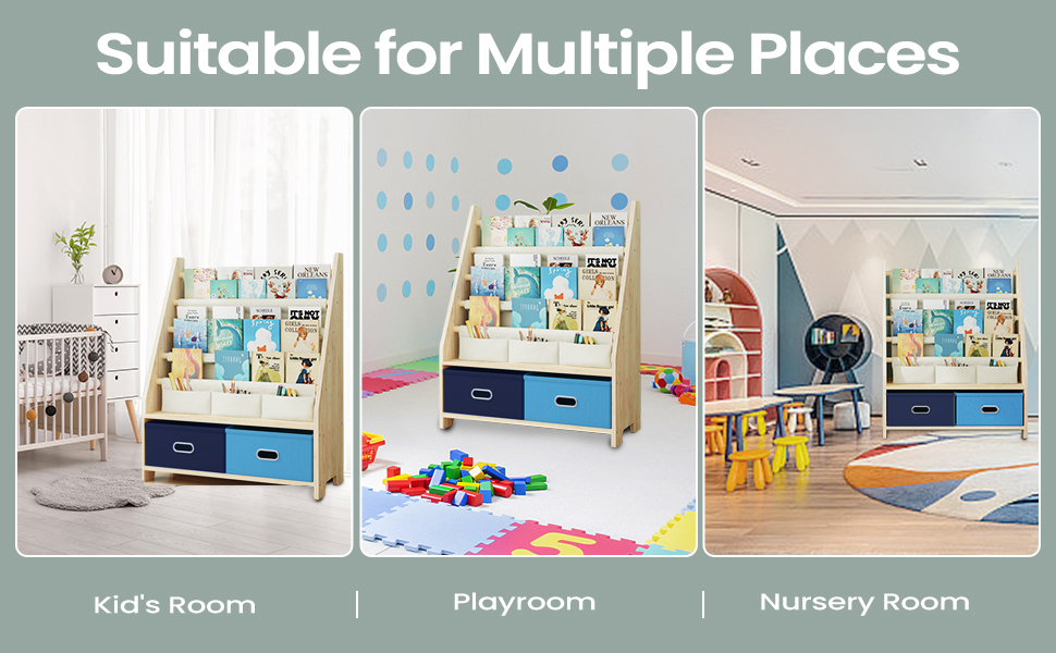 kids bookshelf with storage bins