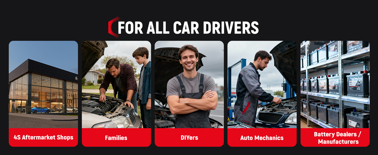 Text reads: 'FOR ALL CAR DRIVERS'. Red and black promotional banner with multiple panels showing automotive service scenarios and facilities.