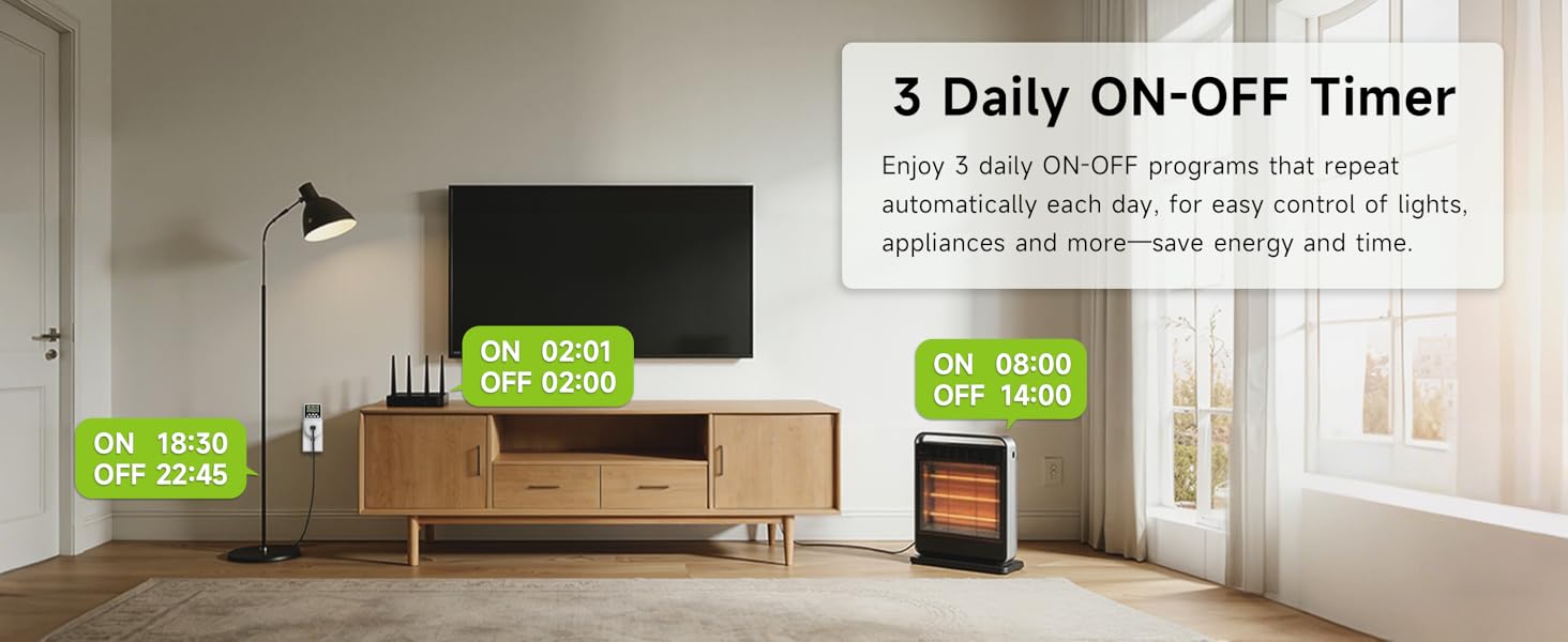 3 Daily ON-OFF Timer offers 3 customizable daily on-off programs to easily control appliances