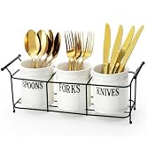 Bekith 3-Piece White Ceramic Silverware Caddy with Black Metal Rack, Utensil Holder Flatware Cadd...
