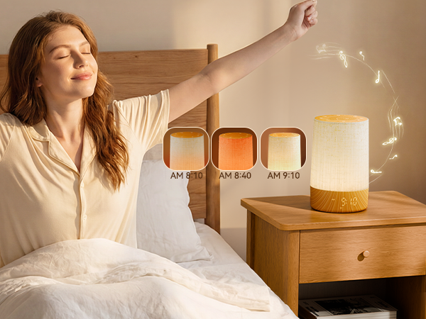 Series of lifestyle photos showing bedroom scene with warm lighting, wooden bedside table, and relaxation moments. Gold/yellow circular decor item visible.