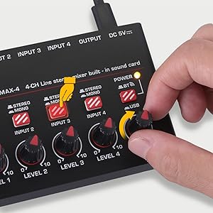 4-Channel Wireless BT Streaming Mini Line Mixer with USB Audio Interface