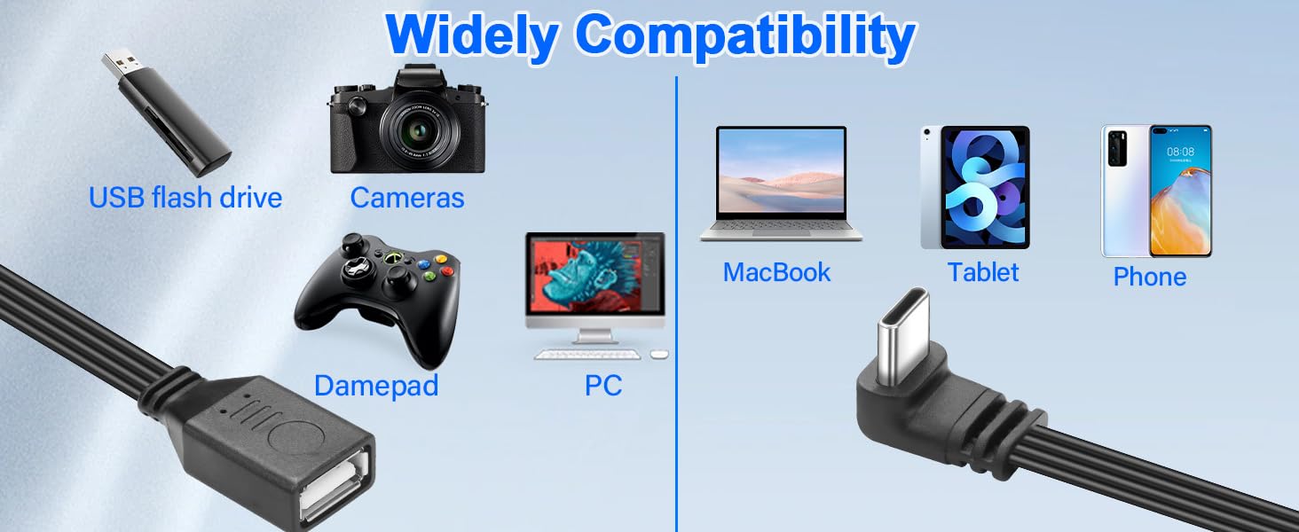 Text reads 'Widely Compatibility'. Product compatibility diagram showing various devices including game controllers, phones, laptops connected to an adapter or connector.