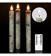 PChero Flameless Taper Candles with Remote Timer, Pack of 3 Birch Bark Real Wax Battery Operated ...