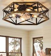 23" Farmhouse Flush Mount Ceiling Fan with Lights and Remote, Caged Low Profile Fandelier, 6 Ligh...
