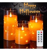 Homemory Halloween Orange Flameless Candles with String Lights, Battery Operated LED Candles with...