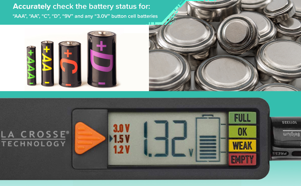 lacrosse, la crosse, 911-65557-INT, battery tester, digital, voltage, AAA, AA, lithium, batteries