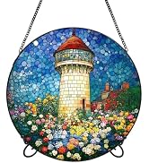 Suncatcher Stained Glass Window Hanging - Colorful Flowers Lighthouse Colored Glass Panel Round S...