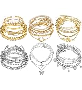 24 Pcs (7 Pack) Dainty Gold Silver Bracelet Set for women girl, Boho Chain Ankle Layered Stackabl...