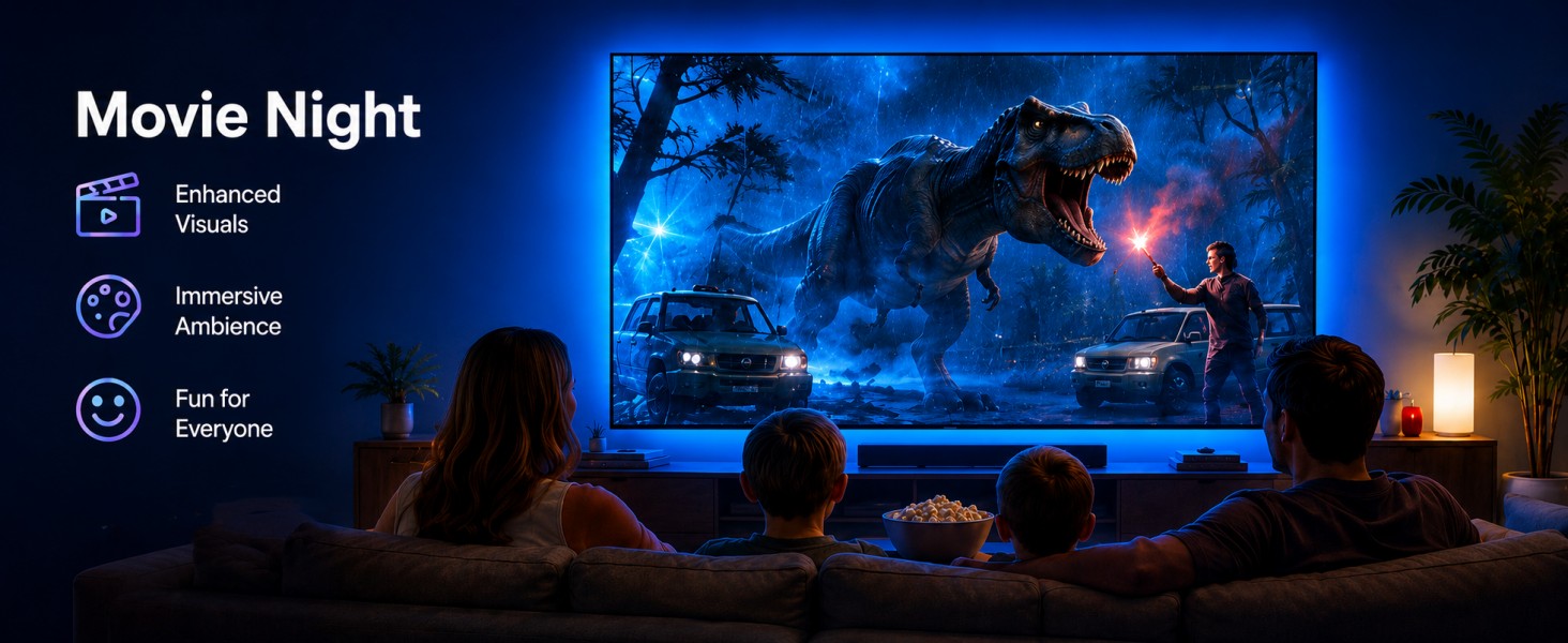 TV backlight strip creates cozy, vivid movie night atmosphere.