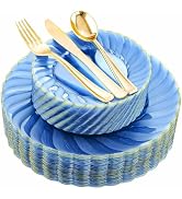 YOUBET 125Pieces Clear Blue Plastic Plates with Gold Rim-Gold Plastic Silverware Include 25 Dinne...