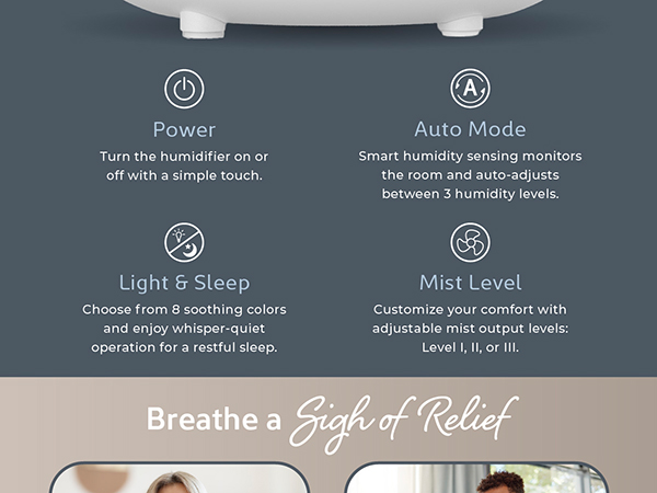 light and sleep mode auto mode mist level controls simple touch power on humidifier