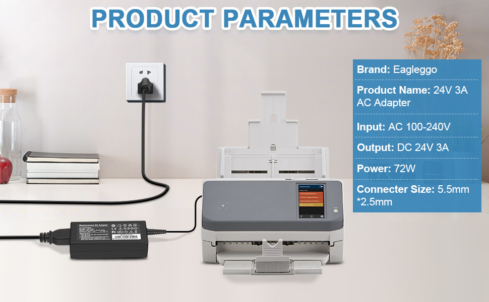 24V 3A 72W AC to DC Adapter Power Supply Replacement for Fujitsu Image Scanner FI-Series