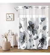 CTOTSYC No Hook Shower Curtain and Liner Set, Black Boho Floral Shower Curtains for Bathroom, Wat...