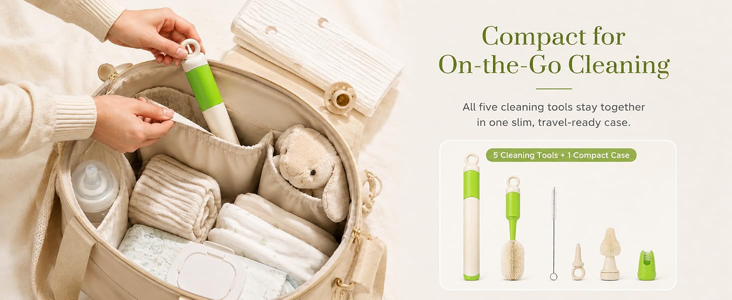 Travel bottle brush set with compact diaper bag storage