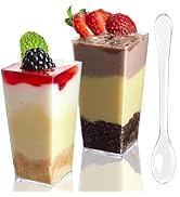 TOFLEN 50 Pack 3 oz Square Mini Dessert Cups with Spoons Clear Plastic Dessert Shooter Cups for f...