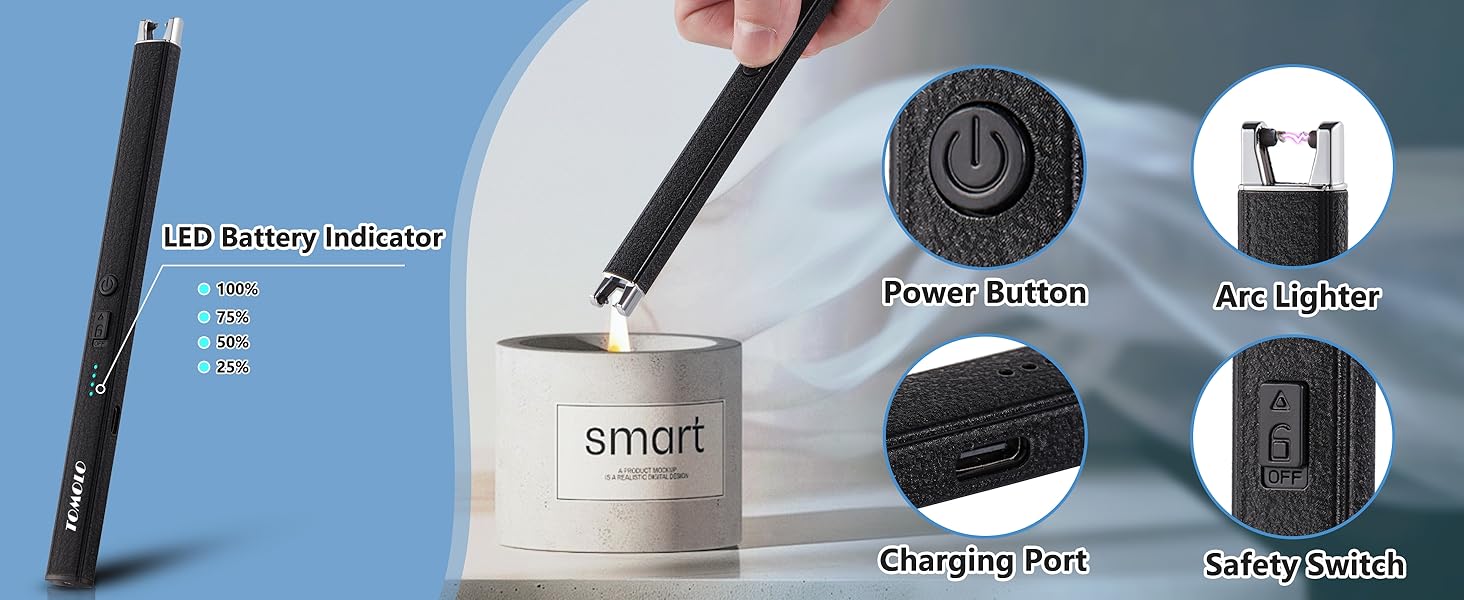 Electric lighter features: LED battery indicator, safety switch, USB charging