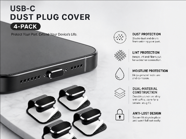 USB-C dust plug on smartphone, minimalist desk, soft light, clean, premium