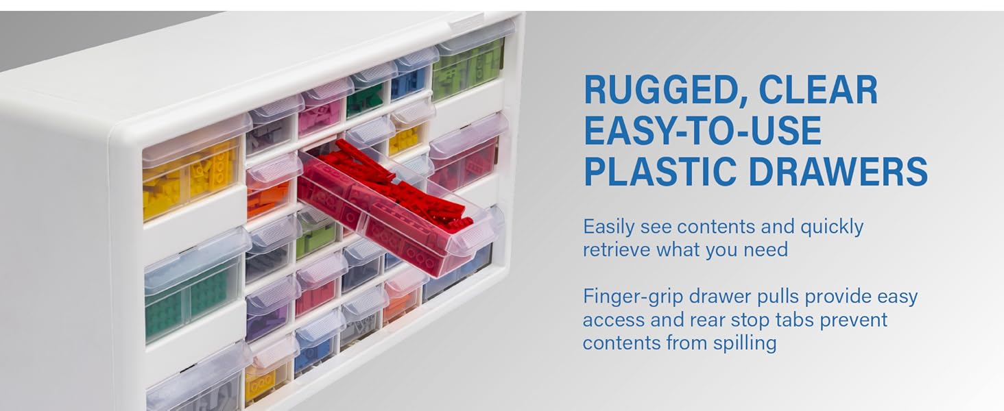 Clear drawers - easily see contents. Drawer pulls provide easy access. Rear tabs prevent spills.