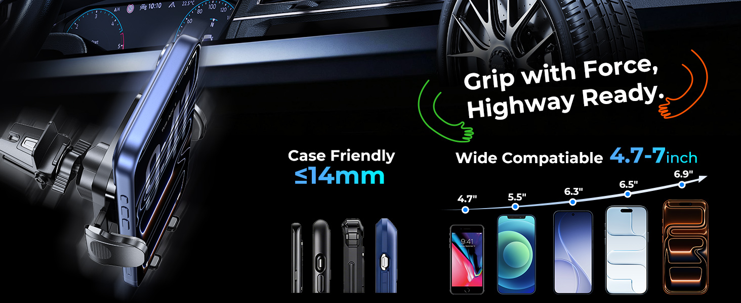 case-friendly design fits phones up to 7 inch with thick protective cover