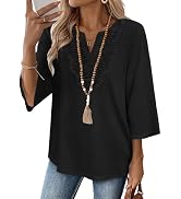 WIHOLL 3/4 Length Sleeve Womens Tops Boho V Neck Lace Shirts Trendy Blouses Dressy Casual Vacatio...