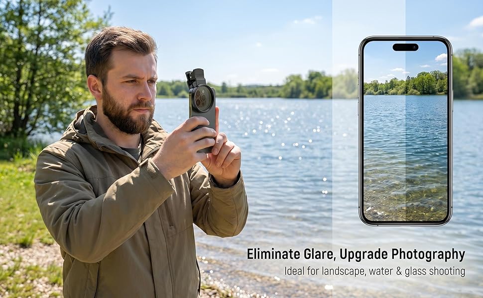 CPL filter on phone camera enhances sky colors and removes glare for crystal-clear landscape shots.
