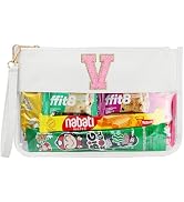 Personalized Initial Letter Clear Makeup Bag, Chenille Varsity Letter Flat Pouch with Zipper, Wat...