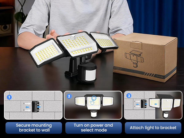 Secure mounting bracket to wall with screws. Turn on power and select mode. Attach light to bracket
