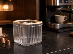Clear mini trash can beside a coffee machine and coffee capsules