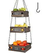 J JACKCUBE DESIGN 3-Tier Rustic Wood Hanging Fruit Basket, Kitchen Fruit, Vegetable Storage Organ...