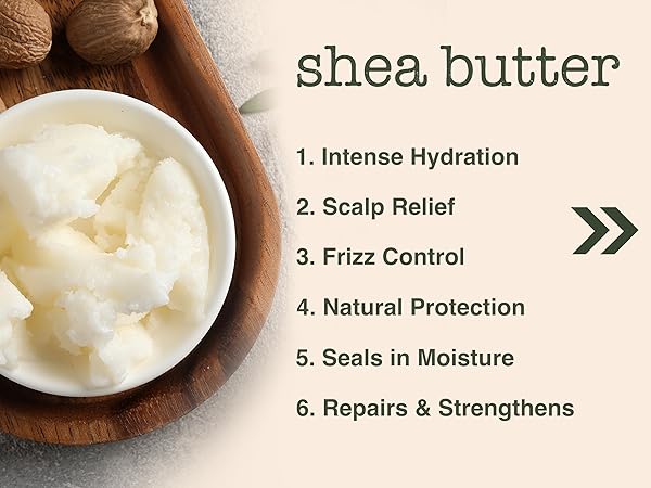 Shea butter benefits for hair, intense hydration, scalp relief, frizz control, natural protection