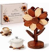Siutco Sunflower Wooden Trivet Set with Gift Box, 5-Piece Foldable Wood Trivets for Hot Dishes, P...