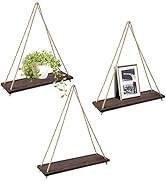 Mkono Wood Hanging Shelves for Wall Boho Decor Swing Rope Rustic Floating Shelf , Set of 3 Wall D...