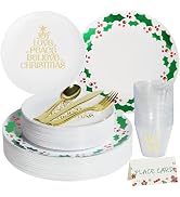 175 PCS Hard Plastic Christmas Plates Set for 25 Guests,Heavy Duty Disposable Dinnerware Set,25 W...