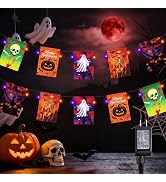 Halloween Flag Orange Purple Lights, 48ft 50 LED Twinkle Lights, 8 Lighting Modes Halloween Banne...