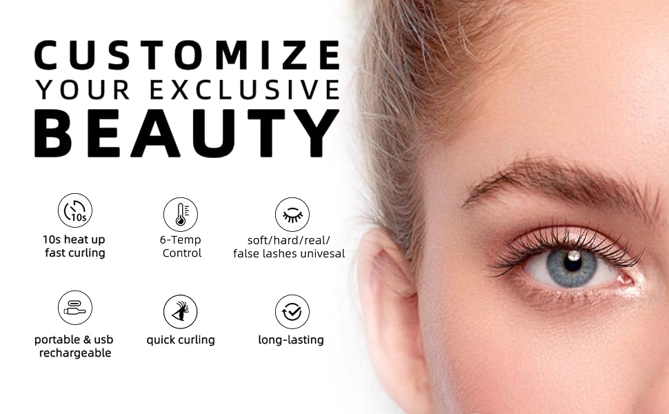 Text reads 'CUSTOMIZE YOUR EXCLUSIVE BEAUTY' with icons below. Close-up of eye area showing cosmetic application with customization options indicated.