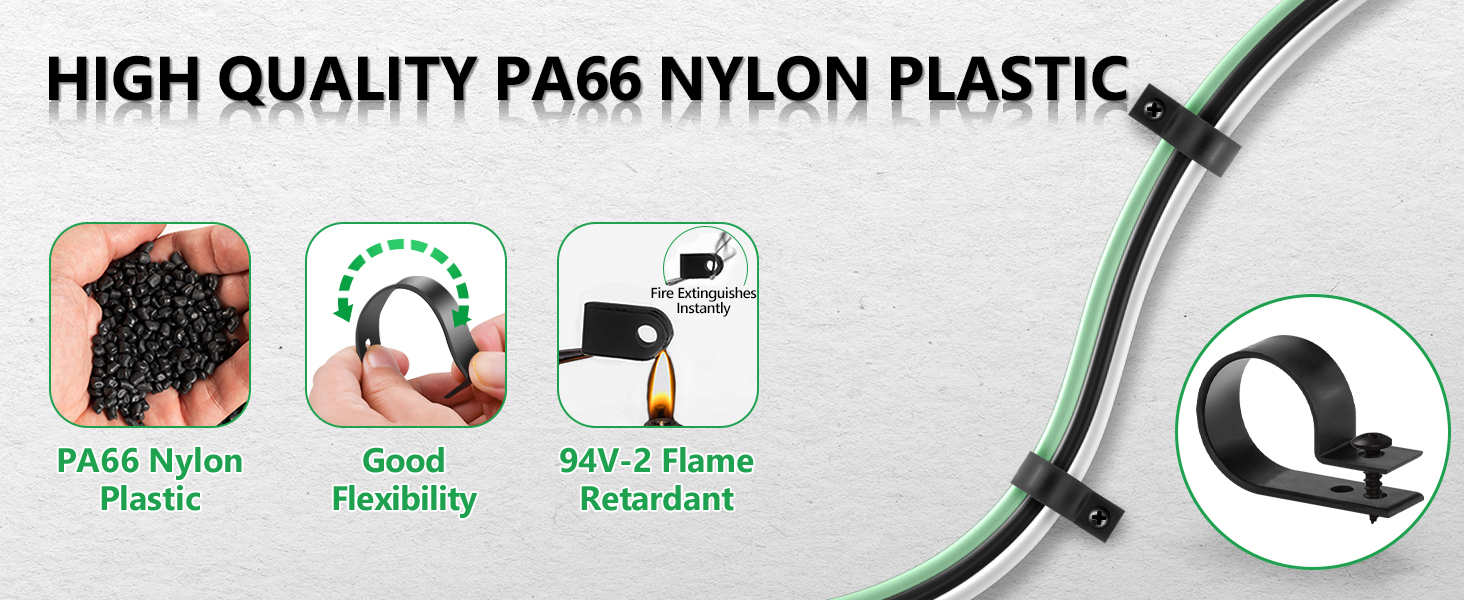 Product specifications showing PA66 nylon plastic material properties, including flexibility and flame retardant features, with mounting clip illustration.