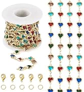 Pandahall 13.12 Feet Rhinestone Heart Links Chains Colorful Crystal Glass Heart Golden Chains Unw...