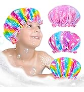 Shower Cap for Kids, 3 Pcs Kids Shower Caps for Girls, Cute Rainbow Hair Cap Wide Elastic Band, P...