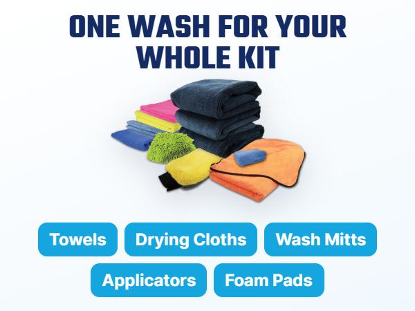 Cleans detailing towels, drying towels, buffing towels, and wash mitts.