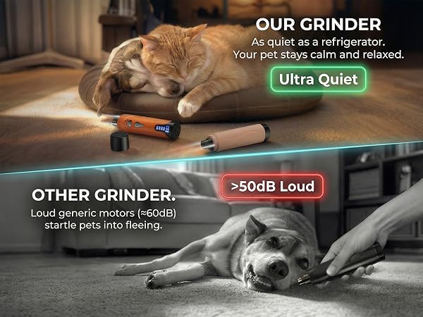 Comparison of YABIFE quiet nail grinder and louder generic grinder in home grooming scene