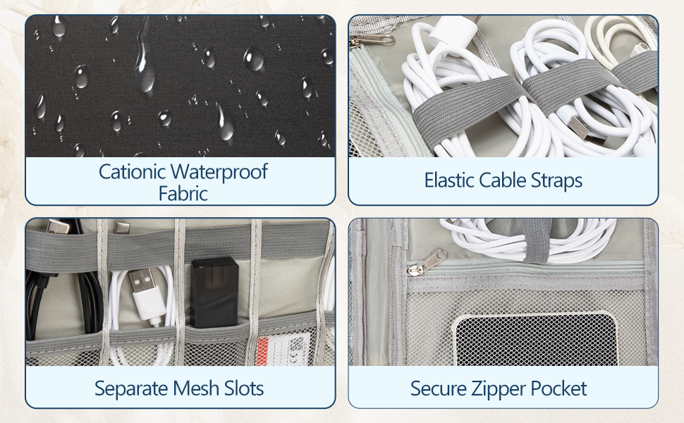 Cationic waterproof fabric elastic cable straps separate mesh slots and secure zipper pocket