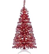 Juegoal 4 FT Pre-lit Artificial Christmas Tree, Lighted Red Tinsel Pencil Pine Spruce Trees with ...